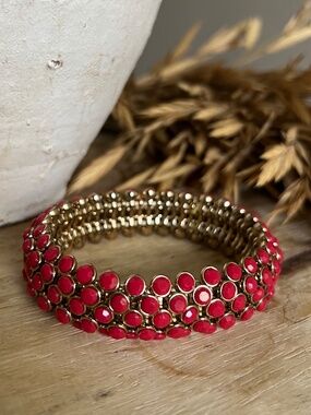 Hot Pink and Gold Tone Layered Metal Statement Bracelet